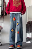 Hip Hop Vintage Flower Embroidered Men Jeans Pants