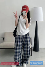 Loose Wide Leg Retro Blue Plaid Pattern Pants