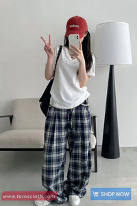 Loose Wide Leg Retro Blue Plaid Pattern Pants