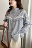 Long Sleeve Striped Embroidered Blouse Shirt