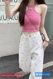 High Waist Flowers Pattern White Jeans Pants