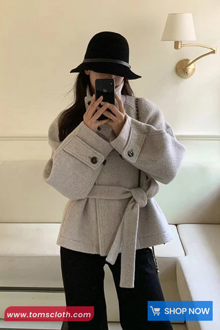 Loose Belted Woolen Blend Coat Jacket