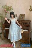 Long Retro Elegant Sweet Lace Patchwork Blue Dress