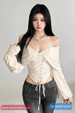 Long Sleeve Slash Neck Sexy Bandage Cropped Shirt