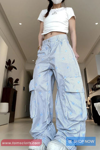 Loose Stars Pattern Striped Cargo Pockets Pants