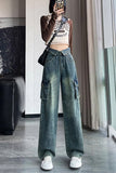 High Waist Side Pockets Long Denim Jeans Pants