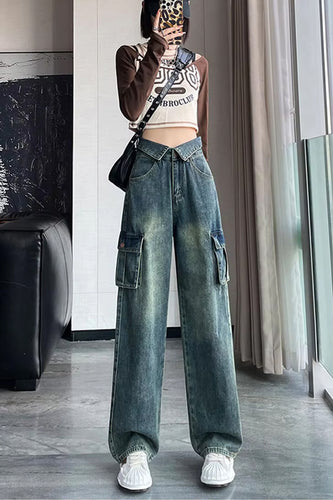 High Waist Side Pockets Long Denim Jeans Pants