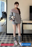 Long Sleeve Plaid Patchwork Hooded Off Shoulder Sweatshirt