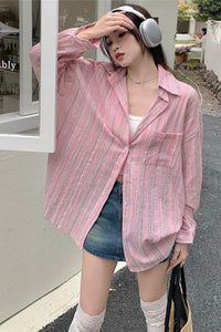 Long Sleeve Light Pink Striped Blouse Shirt