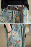 Double Pockets Cute Floral Pattern Denim Shorts