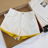 Casual White Contrasting Yellow Denim Shorts