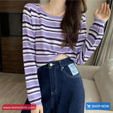 Long Sleeve O-Neck Colors Striped Simple Shirt