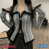Long Sleeve Retro Lapel Collar Zipper Cardigan Sweater