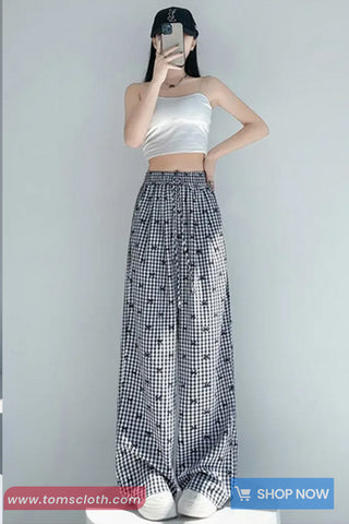Elastic Waist Bow Pattern Plaid Pants