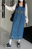 Flowers Pattern Embroidered Long Denim Dress