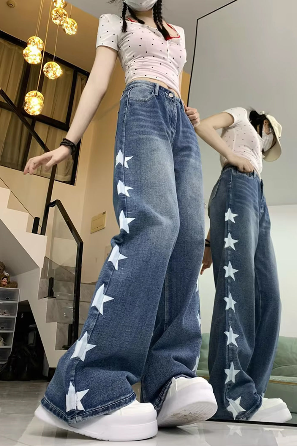 High Waist Stars Side Printed Loose Jeans Pants