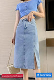High Waist Cut Side Slit Denim Skirts