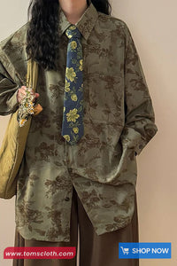 Long Sleeve Flowers Printed Retro Blouse Shirt