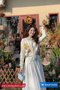 Long Sleeve Lace Tie Flowers Knitted Cardigan Sweater