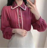 Long Sleeve Bow Tie Retro Flower Embroidered Blouse Shirt
