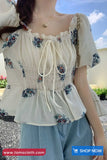 Puff Sleeve Square Collar Drawstring Floral Pattern Shirt