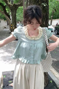 Puff Sleeve Sweet Ruffles Cropped Shirts