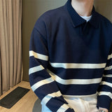 Long Sleeve Lapel Collar Knitted Stripe Sweater