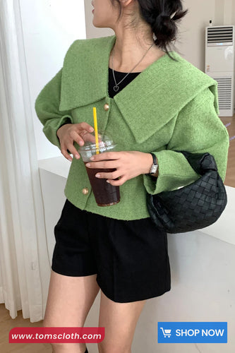 Long Sleeve Vintage Sailor Collar Elegant Tweed Jacket