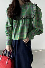 Loose Puff Sleeve Green Plaid Ruffled Blouse Shirt