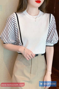 Short Sleeve Striped Contrast Color O-Neck Shirts
