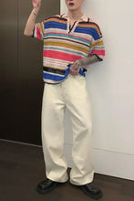 Turn Down Collar Striped Hollow Out Knitted Shirt