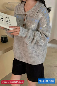 Long Sleeve Vintage Turn Down Collar Knitted Sweater