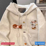 Long Sleeve Cute Cartoon Puppy Embroidered Hooded Sweatshirt
