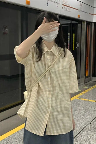 Short Sleeve Plaid Light Colors Blouse Shirt