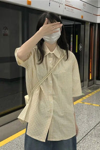 Short Sleeve Plaid Light Colors Blouse Shirt