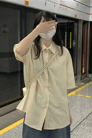 Short Sleeve Plaid Light Colors Blouse Shirt
