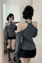 Long Sleeve Sexy Halter Off Shoulder Striped Blouse Shirts