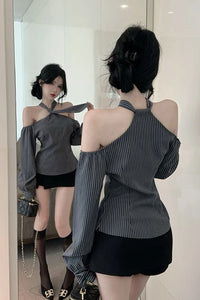 Long Sleeve Sexy Halter Off Shoulder Striped Blouse Shirts