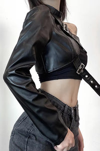 Long Sleeve One Shoulder Leather Belt Crop Tops