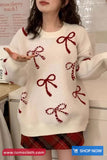 Long Sleeve Cute Bow Pattern O-Neck Sweater