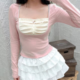 Long Sleeve Cute Pink Square Neck Cropped Shirt