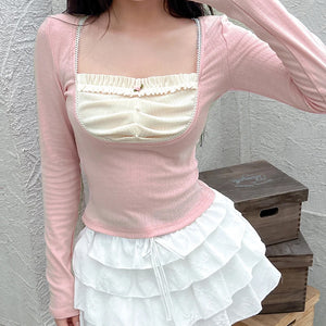 Long Sleeve Cute Pink Square Neck Cropped Shirt
