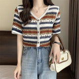 V-Neck Button Up Striped Embroidery Crochet Shirt
