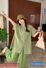 Short Sleeve Retro Green Striped O-Neck Blouse Shirt