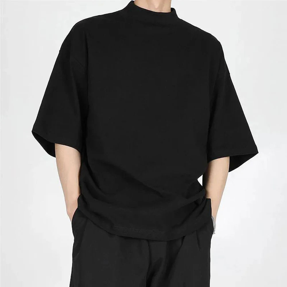 Loose Short Sleeve Solid Color High Neck Men Shirt