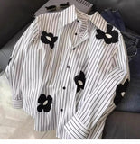 Long Sleeve Striped Combine Floral Casual Blouse Shirt
