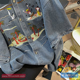 Short Sleeve Beach Pattern Denim Blouse Shirt