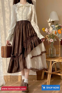 High Waist Asymmetrical Mesh Patchwork Ruffle Maxi Skirts
