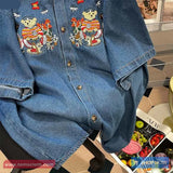 Casual Cute Bear Embroidered Loose Denim Blouse Shirt