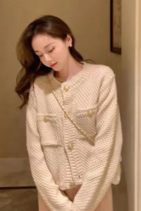 Long Sleeve Gold Colors Button Knitted Elegant Cardigan Sweater